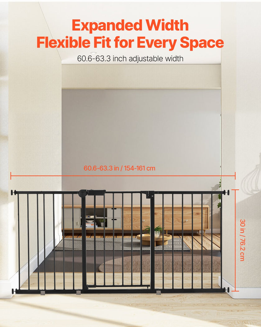 VEVOR Baby Gate 60.6-63.3 Inches Adjustable Width 30 Inches High Dog Gate Black