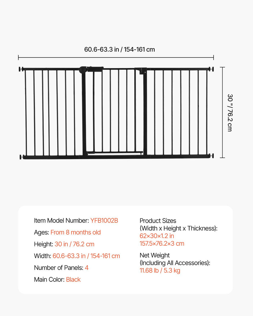 VEVOR Baby Gate 60.6-63.3 Inches Adjustable Width 30 Inches High Dog Gate Black