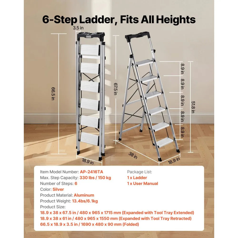 6-Step Folding Ladder – 330 lb Capacity Aluminum Step Ladder with Tool Tray & Anti-Slip Pedals – Silver