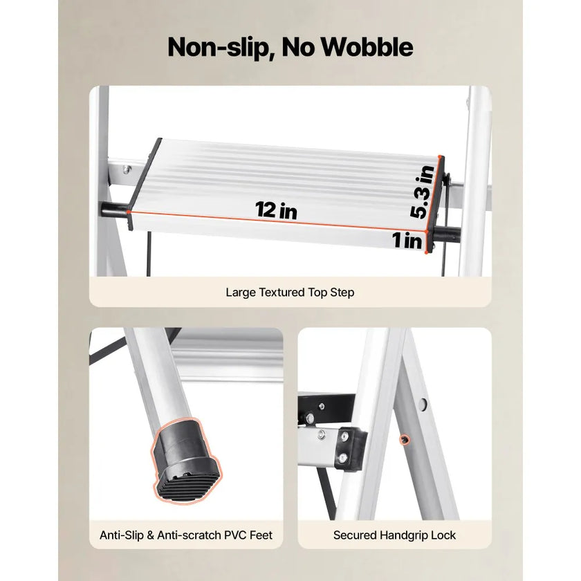 6-Step Folding Ladder – 330 lb Capacity Aluminum Step Ladder with Tool Tray & Anti-Slip Pedals – Silver