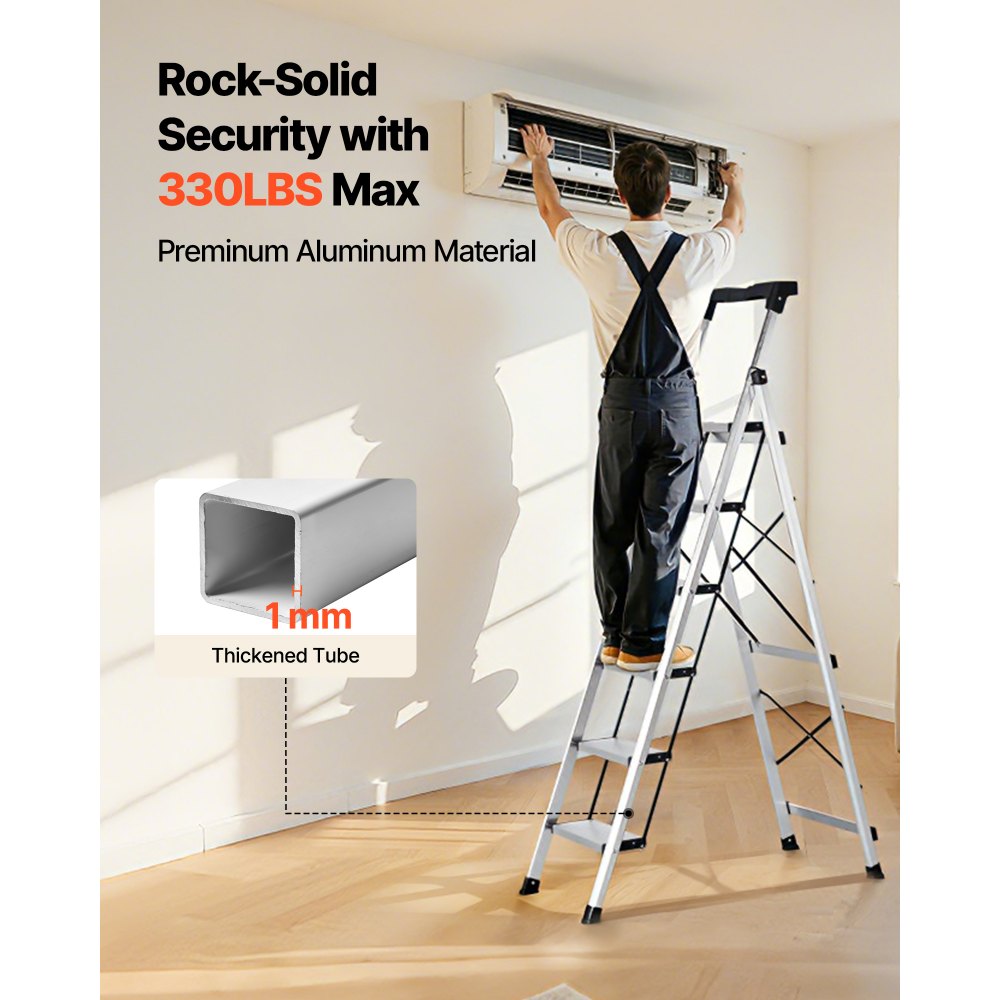 6-Step Folding Ladder – 330 lb Capacity Aluminum Step Ladder with Tool Tray & Anti-Slip Pedals – Silver