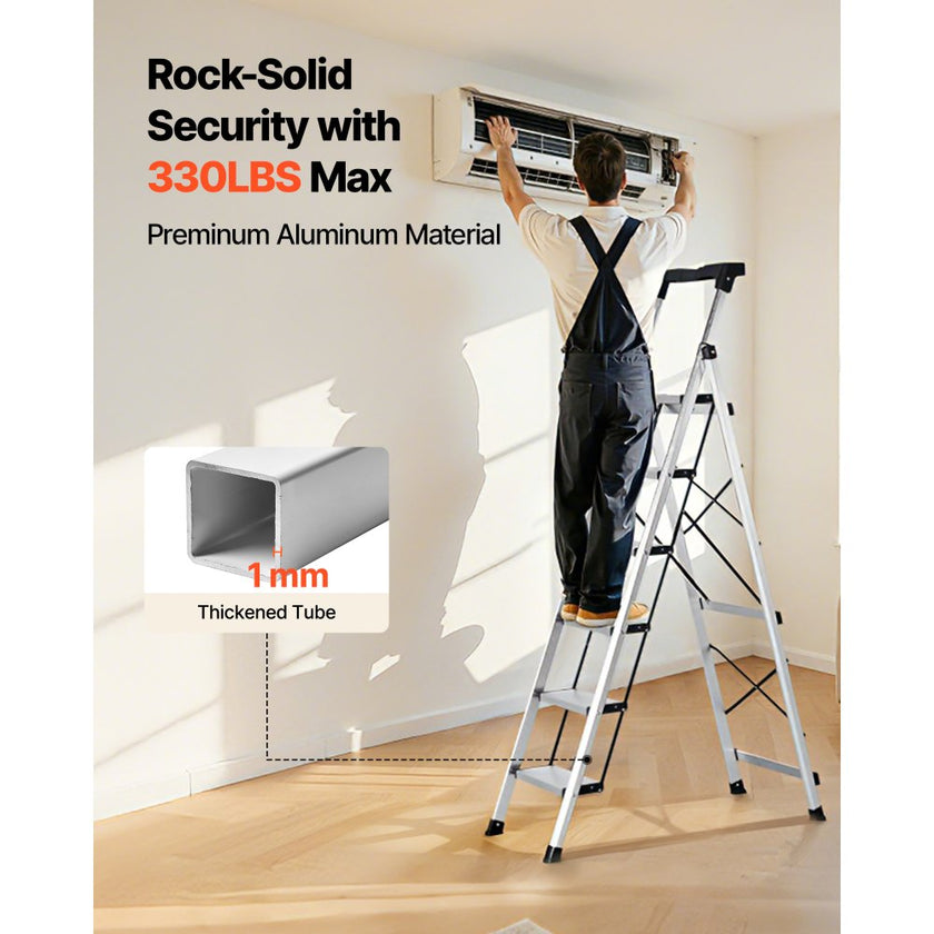 6-Step Folding Ladder – 330 lb Capacity Aluminum Step Ladder with Tool Tray & Anti-Slip Pedals – Silver