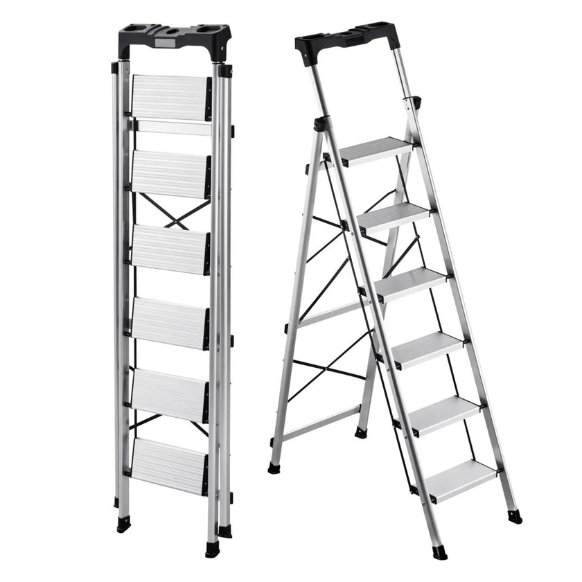 6-Step Folding Ladder – 330 lb Capacity Aluminum Step Ladder with Tool Tray & Anti-Slip Pedals – Silver