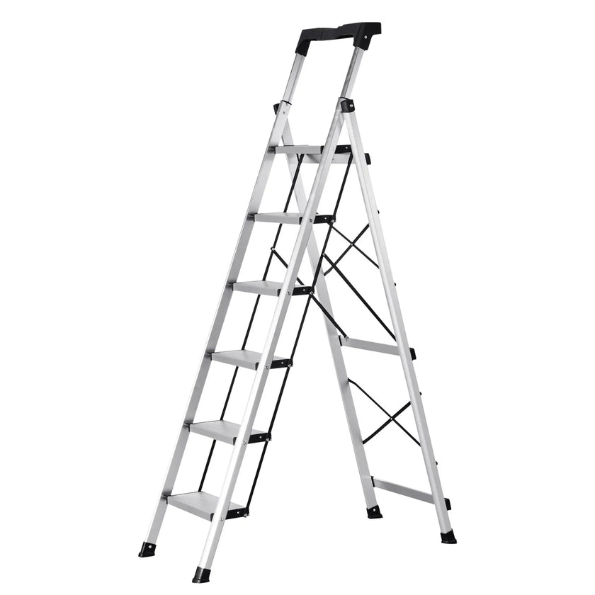6-Step Folding Ladder – 330 lb Capacity Aluminum Step Ladder with Tool Tray & Anti-Slip Pedals – Silver