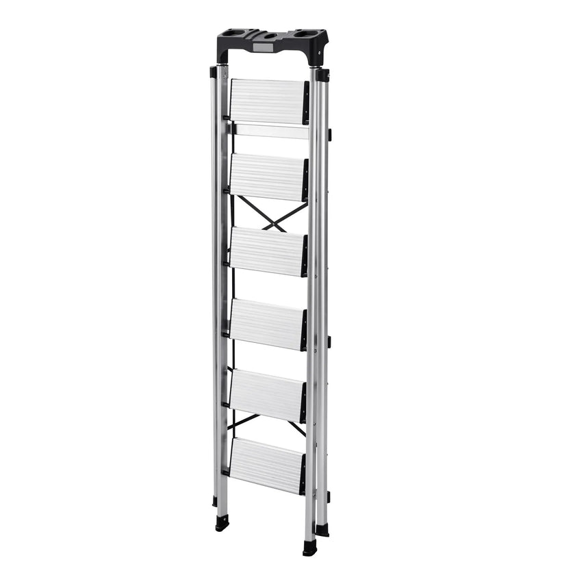 6-Step Folding Ladder – 330 lb Capacity Aluminum Step Ladder with Tool Tray & Anti-Slip Pedals – Silver