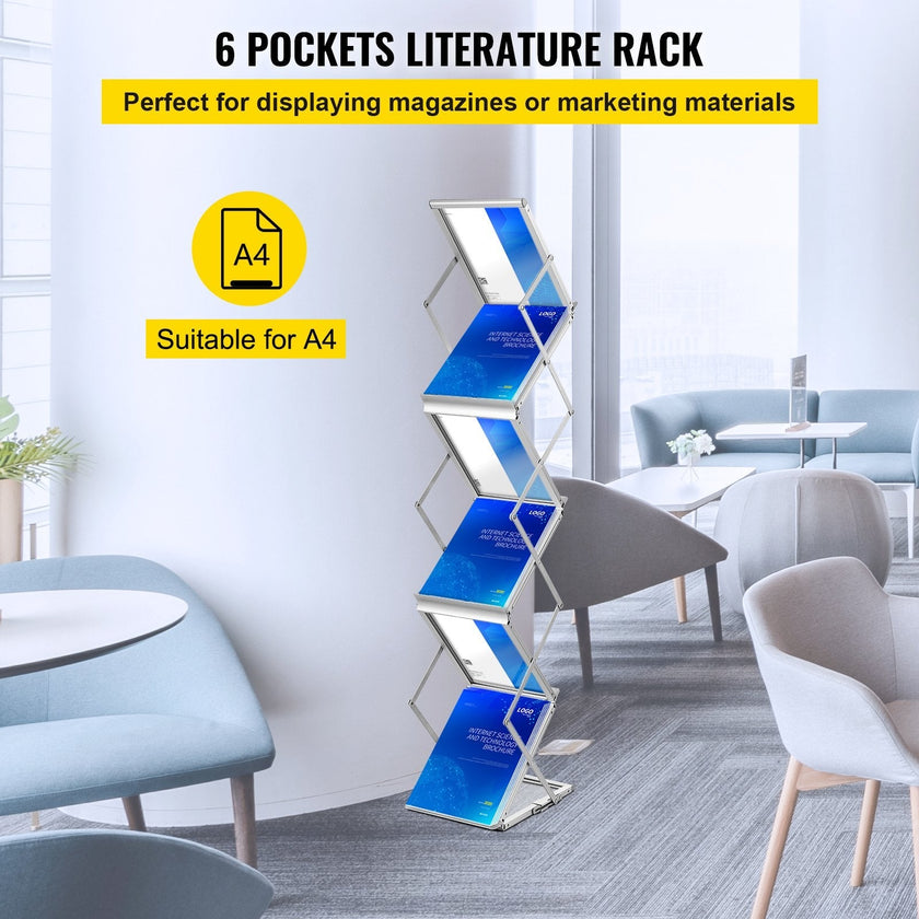 VEVOR Literature Rack, 6 Pockets, Pop up Aluminum Magazine Rack, Lightweight Catalog Holder Stand w/ Carrying Bag for Hotel, Trade Show, Exhibition, Office, Retail Store