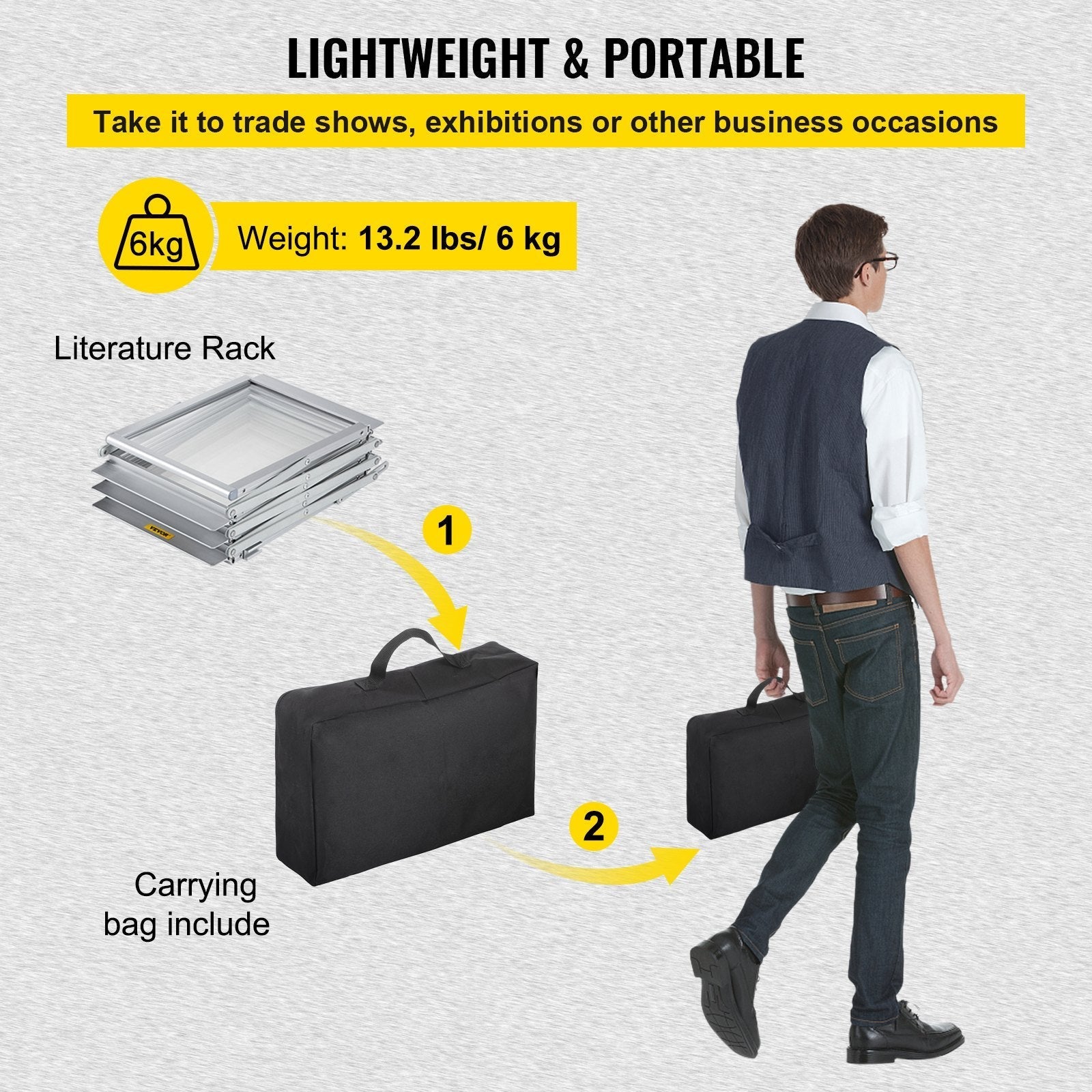 VEVOR Literature Rack, 6 Pockets, Pop up Aluminum Magazine Rack, Lightweight Catalog Holder Stand w/ Carrying Bag for Hotel, Trade Show, Exhibition, Office, Retail Store