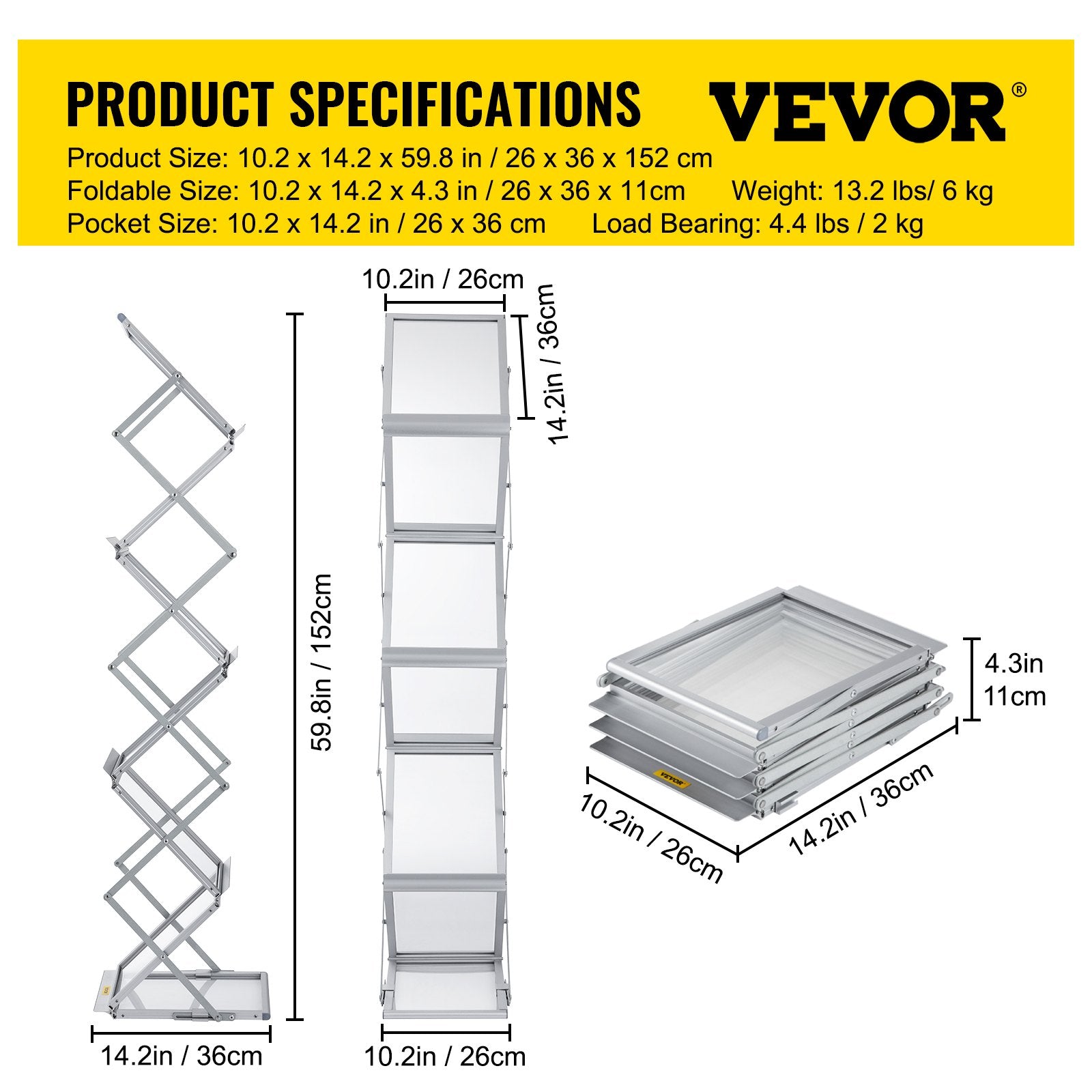 VEVOR Literature Rack, 6 Pockets, Pop up Aluminum Magazine Rack, Lightweight Catalog Holder Stand w/ Carrying Bag for Hotel, Trade Show, Exhibition, Office, Retail Store