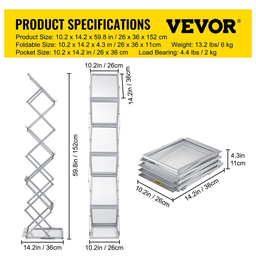 VEVOR Literature Rack, 6 Pockets, Pop up Aluminum Magazine Rack, Lightweight Catalog Holder Stand w/ Carrying Bag for Hotel, Trade Show, Exhibition, Office, Retail Store