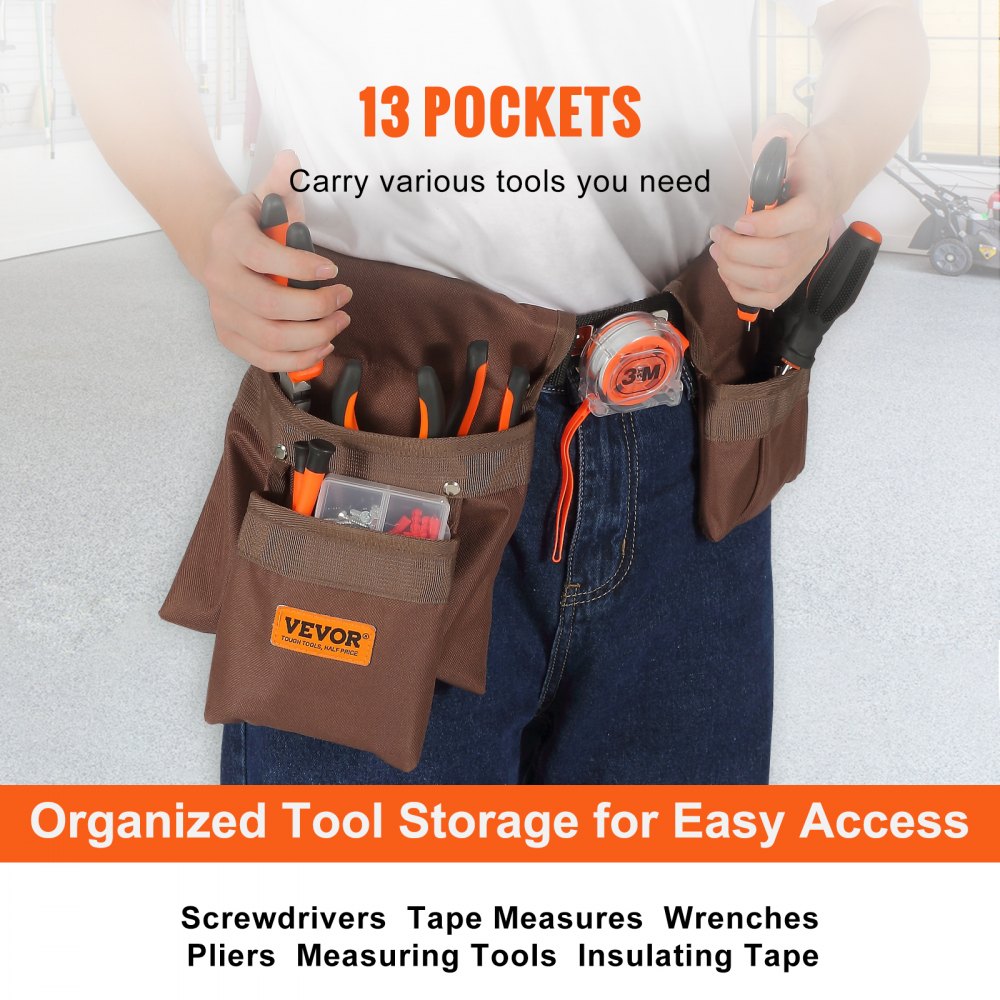 VEVOR Tool Belt, 13 Pockets, Adjusts from 29 Inches to 54 Inches, Polyester Heavy Duty Tool Pouch Bag, Detachable Tool Bag for Electrician, Carpenter, Handyman, Woodworker, Construction, Framer, Brown