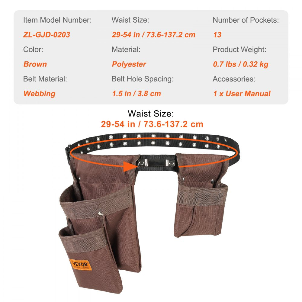 VEVOR Tool Belt, 13 Pockets, Adjusts from 29 Inches to 54 Inches, Polyester Heavy Duty Tool Pouch Bag, Detachable Tool Bag for Electrician, Carpenter, Handyman, Woodworker, Construction, Framer, Brown