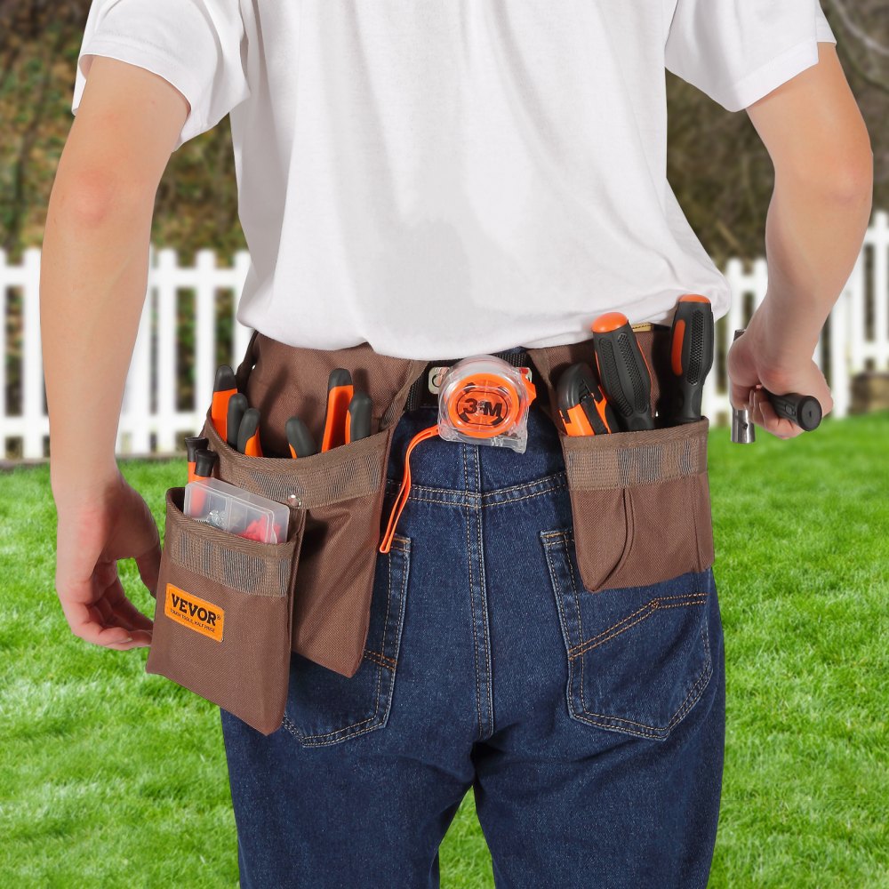 VEVOR Tool Belt, 13 Pockets, Adjusts from 29 Inches to 54 Inches, Polyester Heavy Duty Tool Pouch Bag, Detachable Tool Bag for Electrician, Carpenter, Handyman, Woodworker, Construction, Framer, Brown