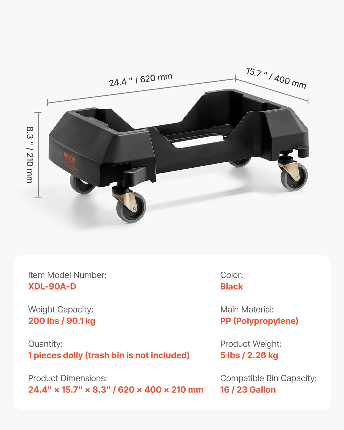 VEVOR Slim Trash Can Dolly with Wheel Fit 16/23 Gal Containers 200lbs Heavy Duty