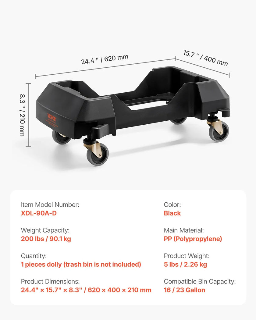 VEVOR Slim Trash Can Dolly with Wheel Fit 16/23 Gal Containers 200lbs Heavy Duty