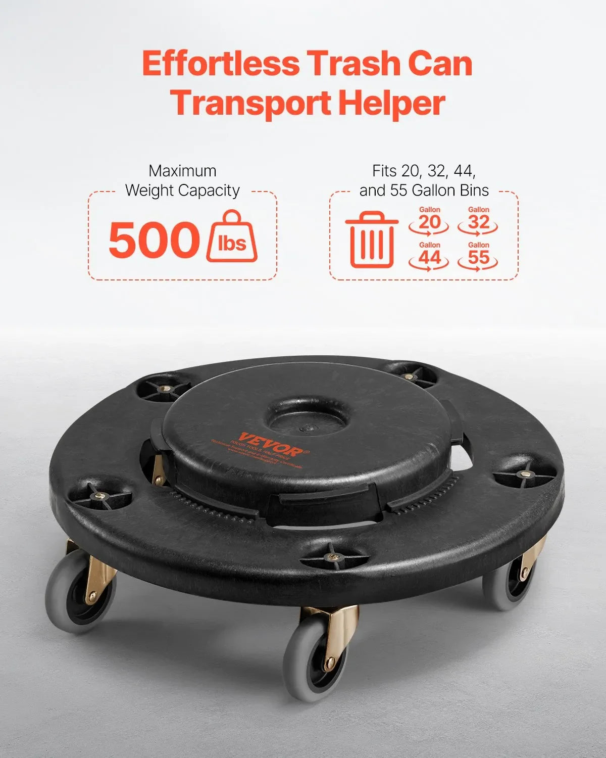VEVOR Round Trash Can Dolly Fit 20, 32, 44, 55 Gal Garbage Container 500lbs