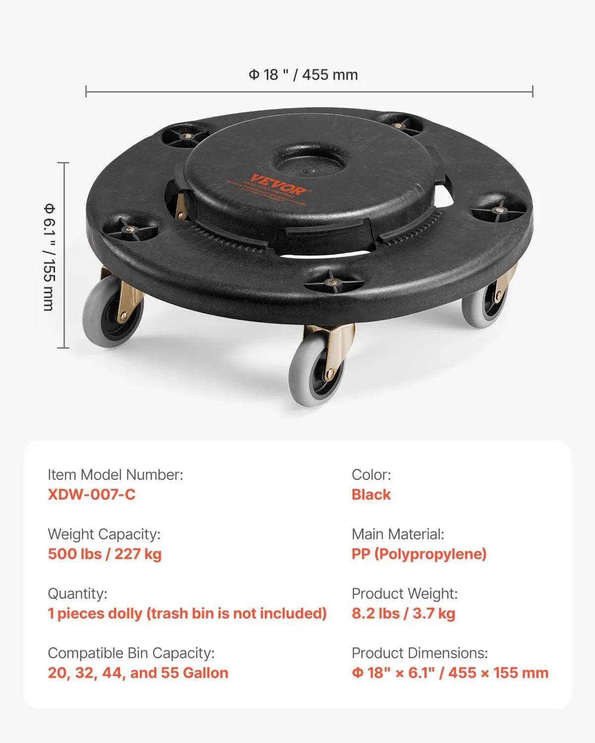 VEVOR Round Trash Can Dolly Fit 20, 32, 44, 55 Gal Garbage Container 500lbs