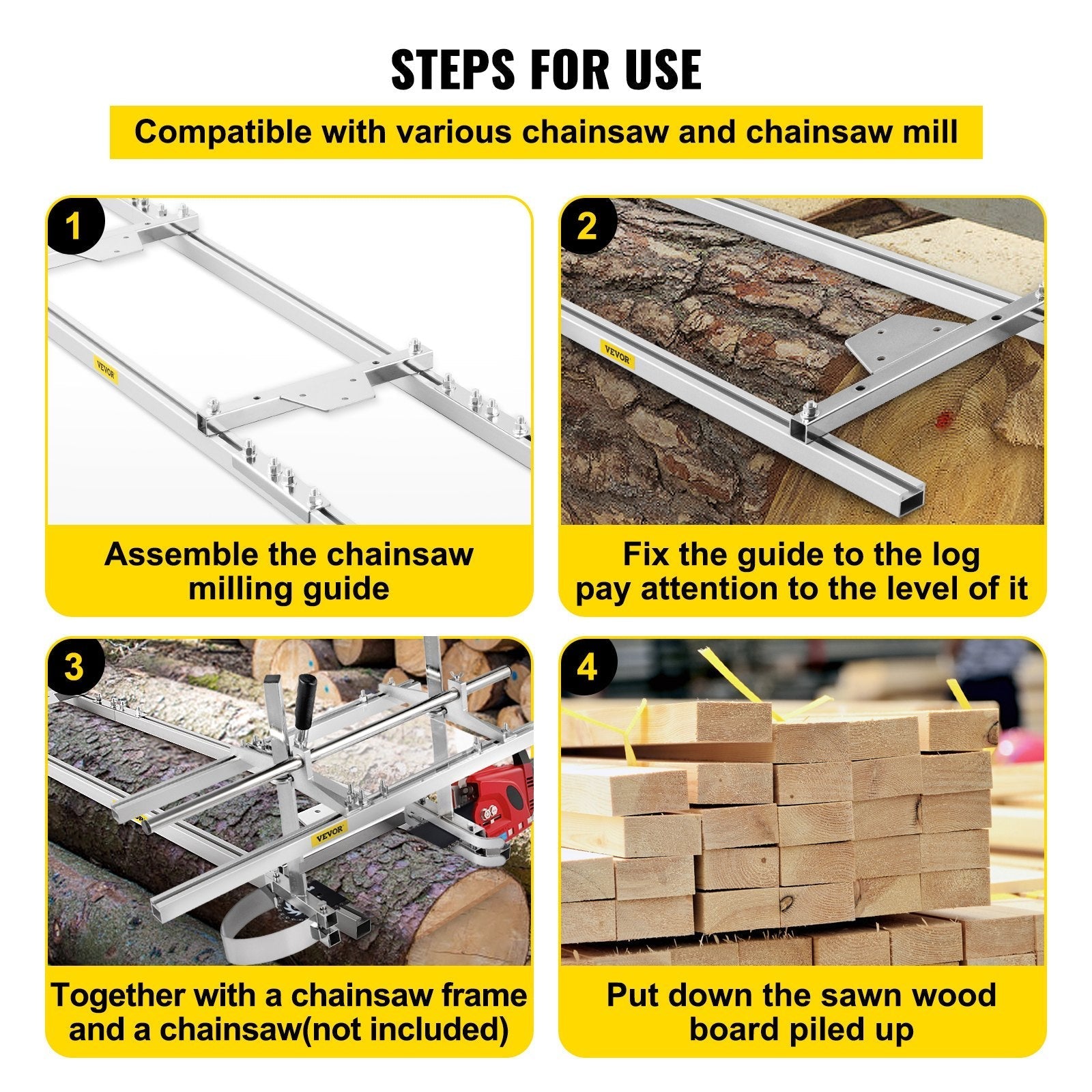 VEVOR Rail Mill Guide System 9 FT Chainsaw Mill Rail Guide with 4 Wood Fixing Plate Rail Mill Guide Used in Combination with The Saw Mill (5FT-RMG)