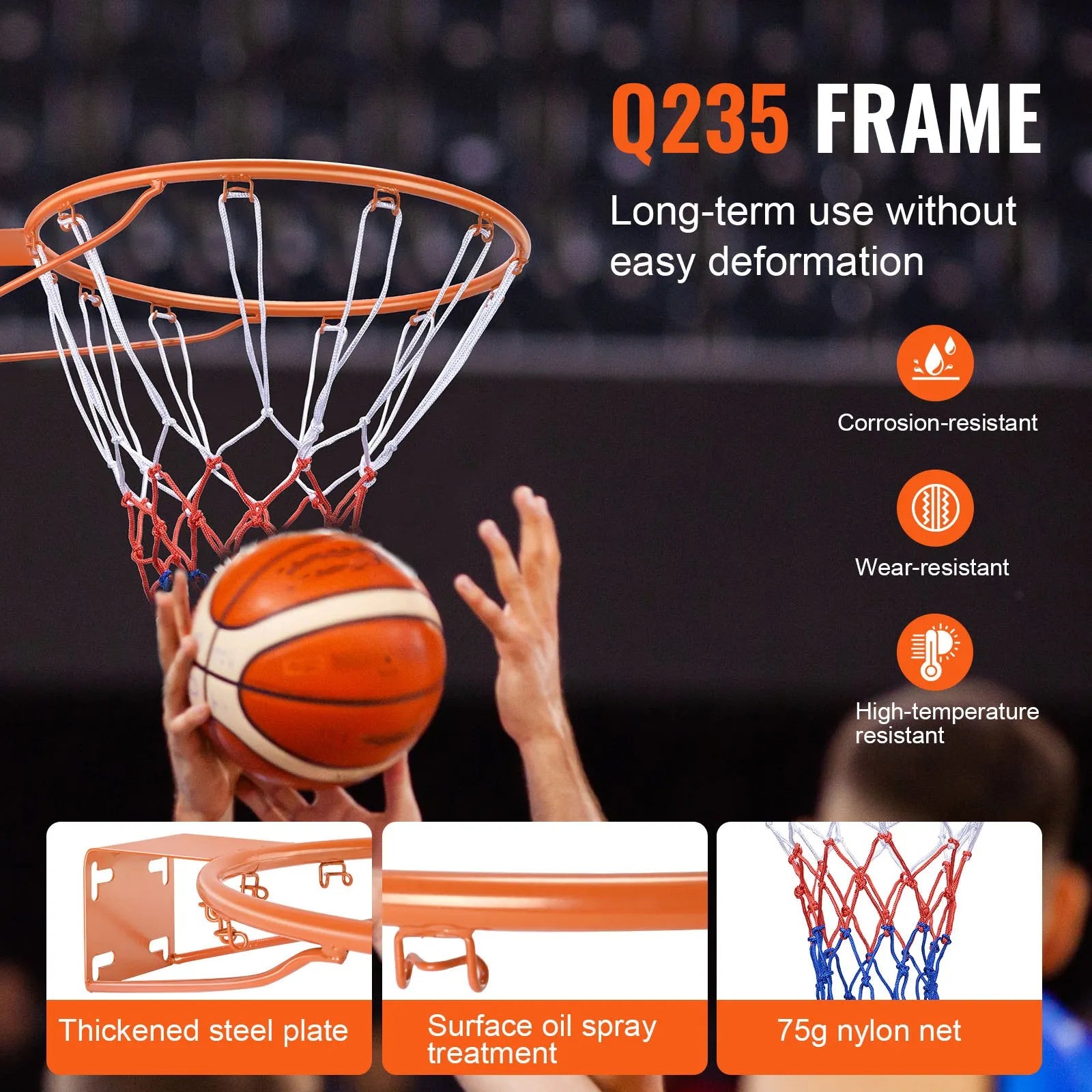 VEVOR Basketball Rim, Wall Door Mounted Basketball Hoop, Heavy Duty Q235 Basketball Flex Rim Goal Replacement with Net, Standard 18