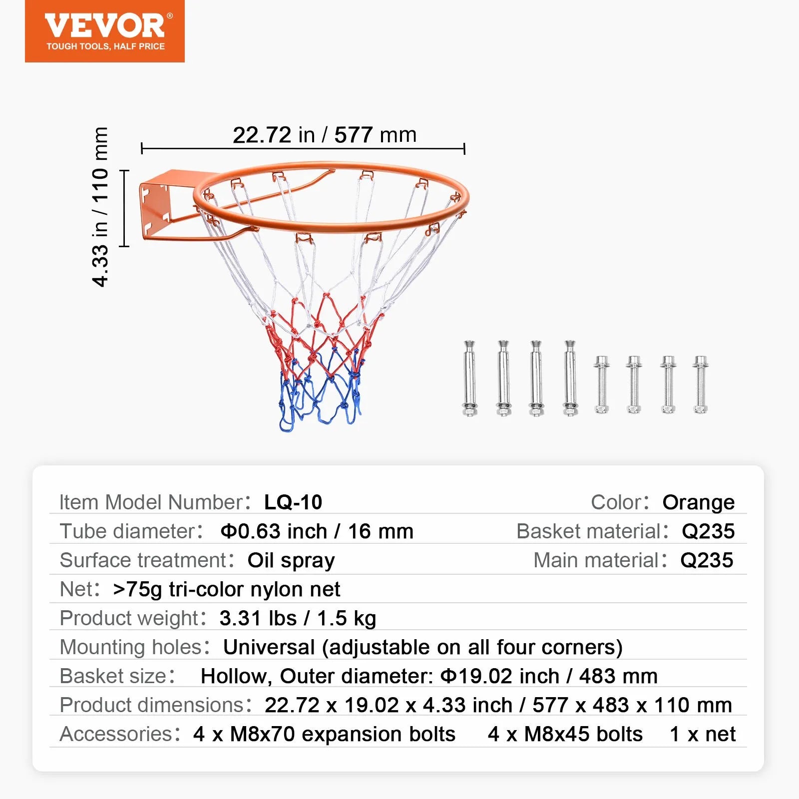 VEVOR Basketball Rim, Wall Door Mounted Basketball Hoop, Heavy Duty Q235 Basketball Flex Rim Goal Replacement with Net, Standard 18