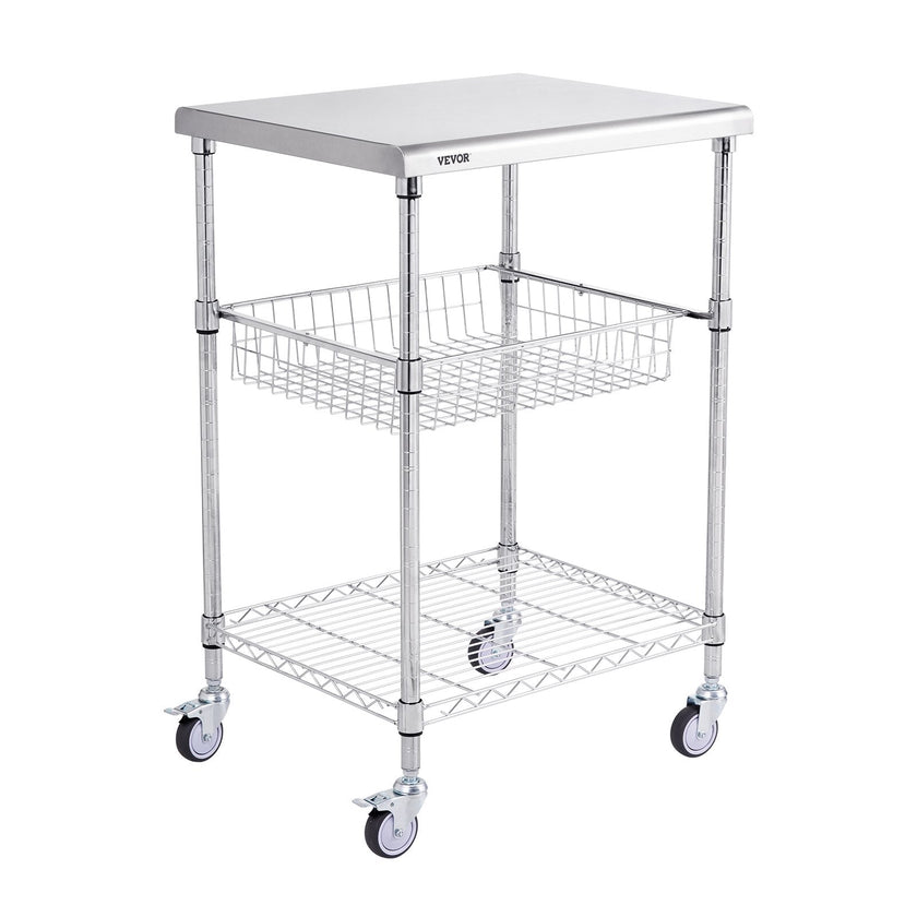VEVOR Kitchen Utility Cart, 3 Tiers, Wire Rolling Cart with 470LBS Capacity, Steel Service Cart on Wheels, Metal Storage Trolley with 76mm Basket Curved Handle PP Liner 6 Hooks, for Indoor and Outdoor