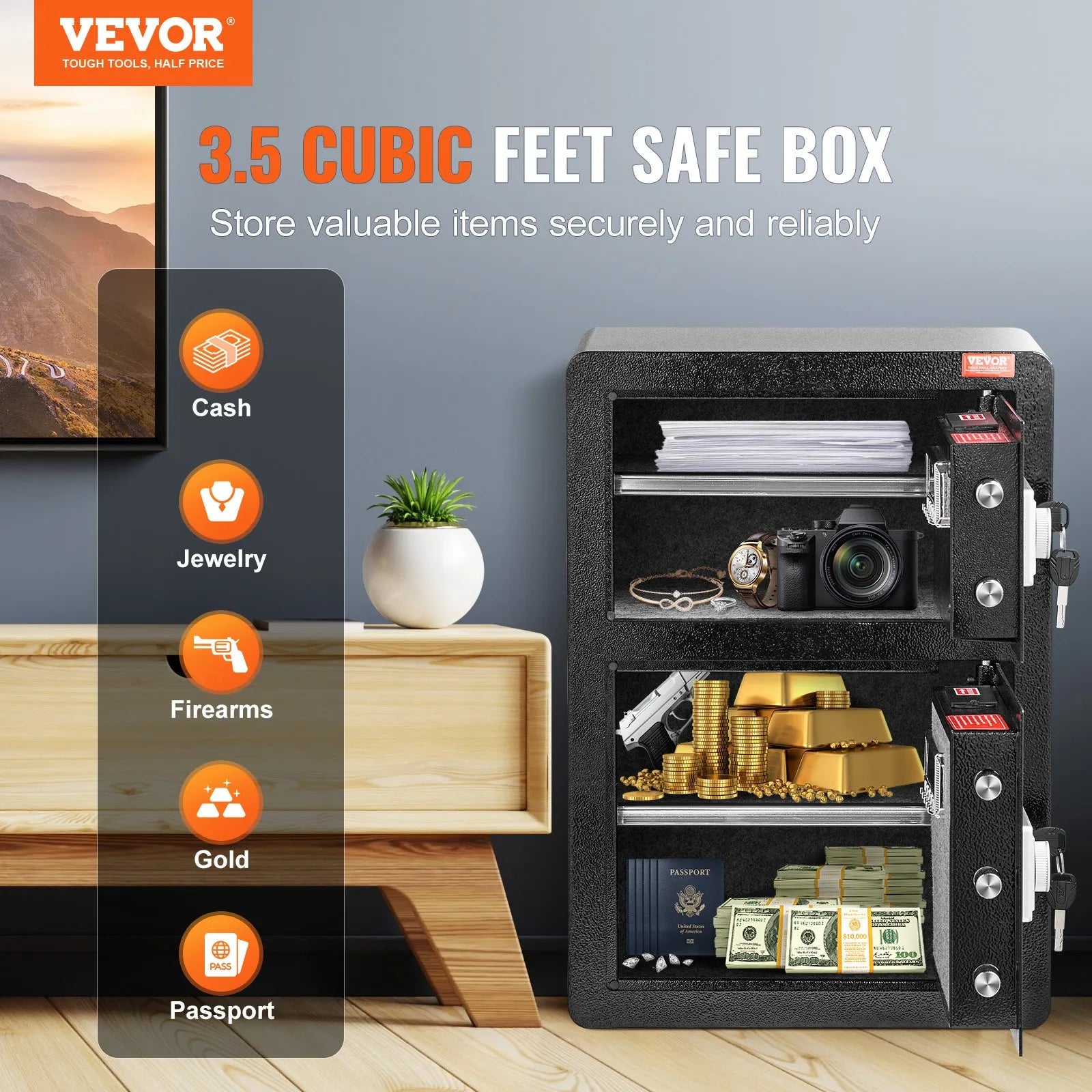 VEVOR Double Door 3.5 cu.ft Safe Box with Key Lock Password Fireproof Bag Black