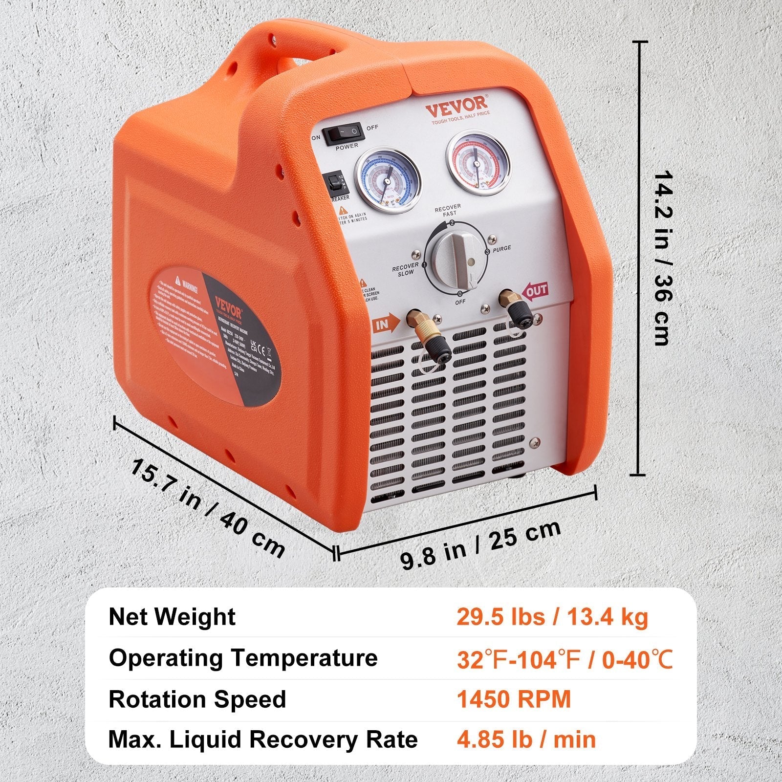 VEVOR Portable 3/4 HP Refrigerant Recovery Machine - AC Recovery Machine with High Pressure Protection 120V 60Hz Recovery Machine HVAC for Vapor Liquid Refrigerant, Car Air Conditioning
