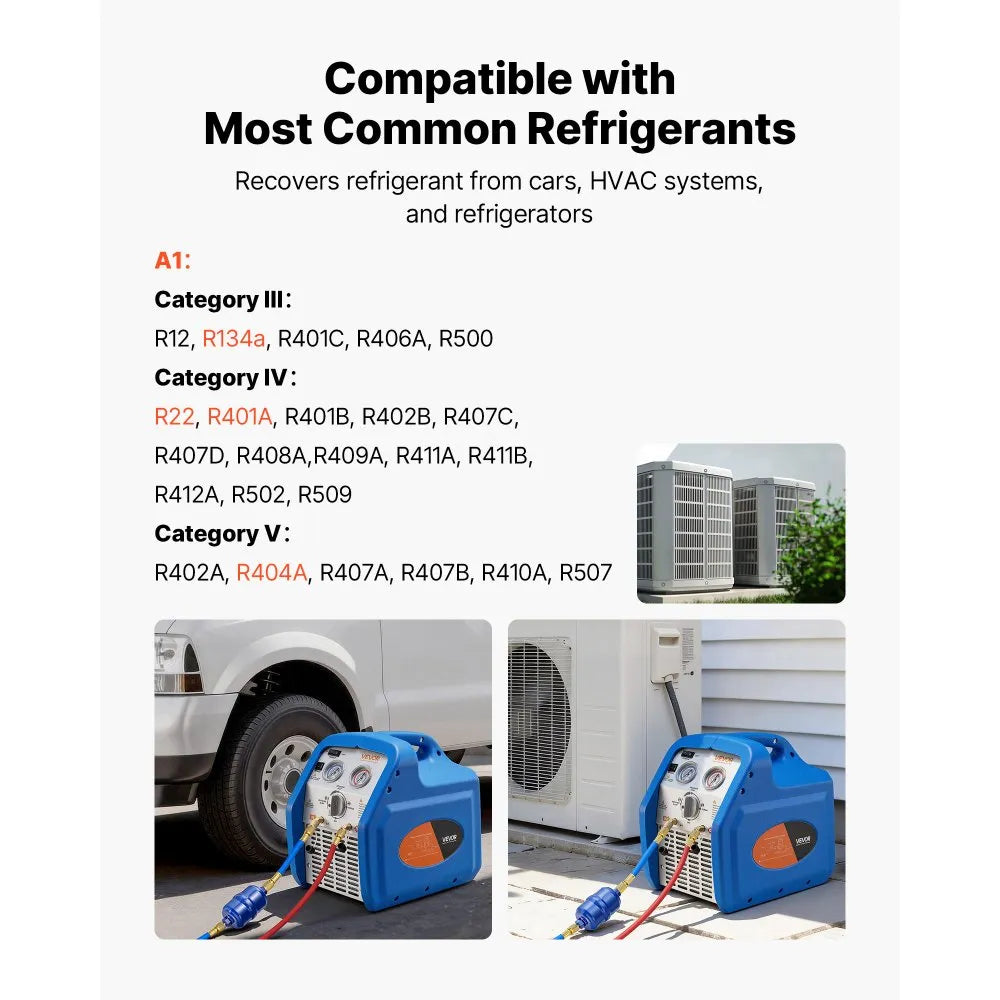 VEVOR 3/4 HP Portable Refrigerant Recovery Machine – Single Cylinder HVAC Recovery Unit for Automotive & Residential A/C Systems