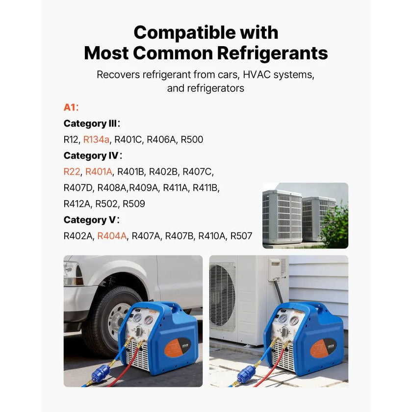 VEVOR 3/4 HP Portable Refrigerant Recovery Machine – Single Cylinder HVAC Recovery Unit for Automotive & Residential A/C Systems