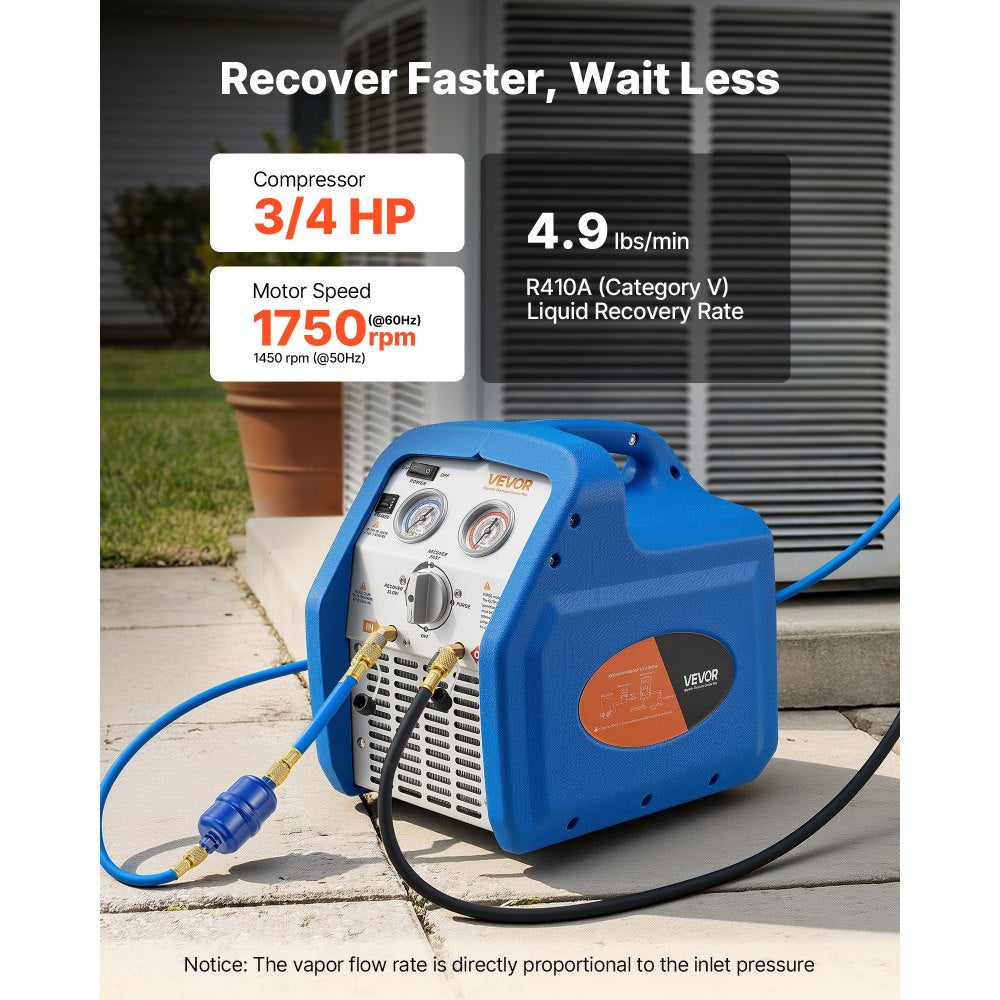VEVOR 3/4 HP Portable Refrigerant Recovery Machine – Single Cylinder HVAC Recovery Unit for Automotive & Residential A/C Systems