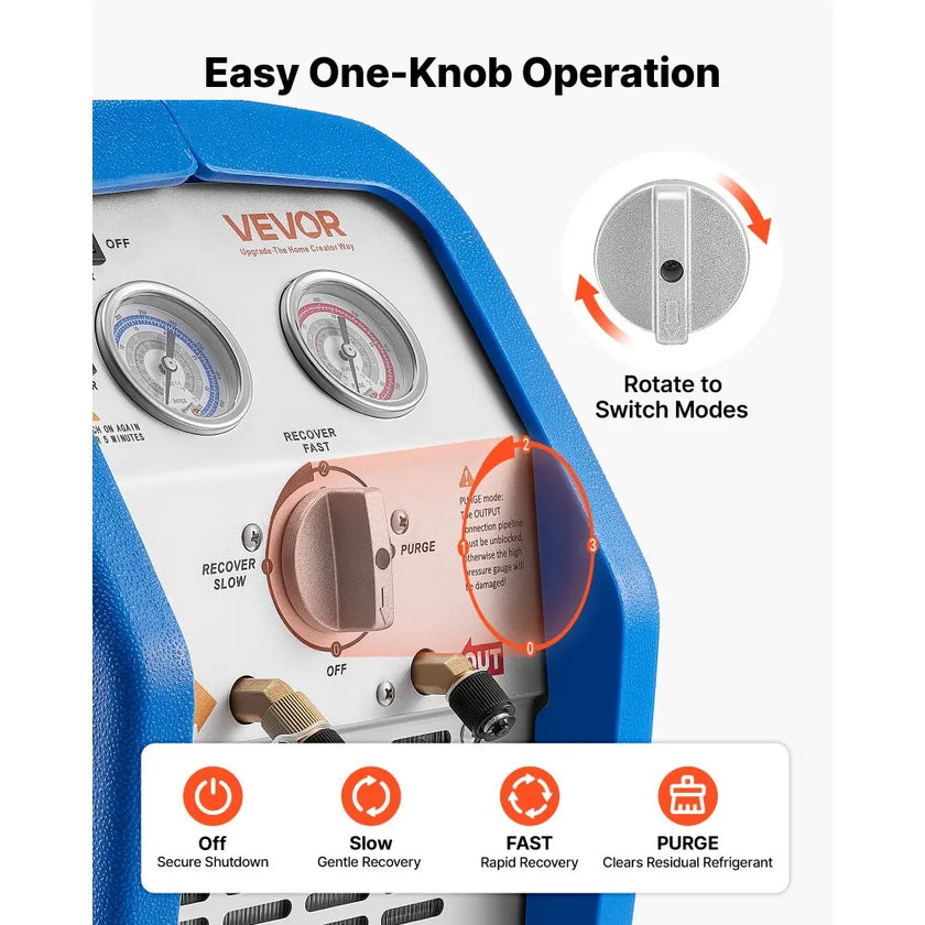 VEVOR 3/4 HP Portable Refrigerant Recovery Machine – Single Cylinder HVAC Recovery Unit for Automotive & Residential A/C Systems