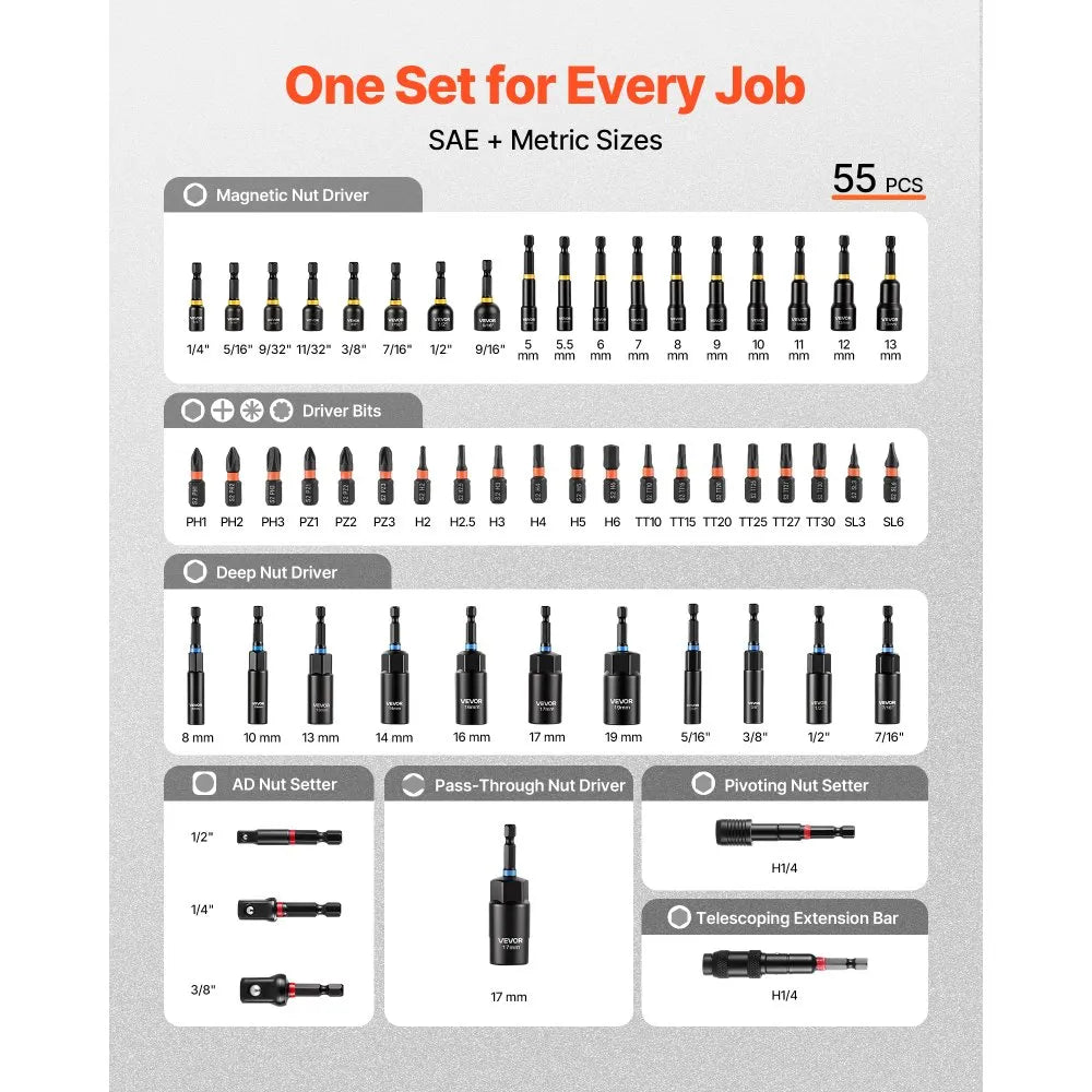 VEVOR 55-Piece Magnetic Nut Driver Set, SAE & Metric Nut Drivers with Setters, Extension Bar, Driver Bits and Storage Case, CR-V Steel Tool Kit