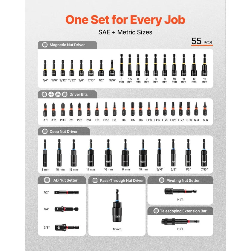 VEVOR 55-Piece Magnetic Nut Driver Set, SAE & Metric Nut Drivers with Setters, Extension Bar, Driver Bits and Storage Case, CR-V Steel Tool Kit