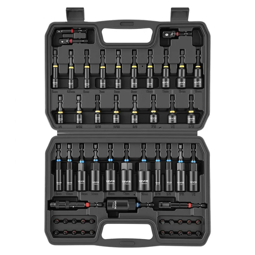 VEVOR 55-Piece Magnetic Nut Driver Set, SAE & Metric Nut Drivers with Setters, Extension Bar, Driver Bits and Storage Case, CR-V Steel Tool Kit