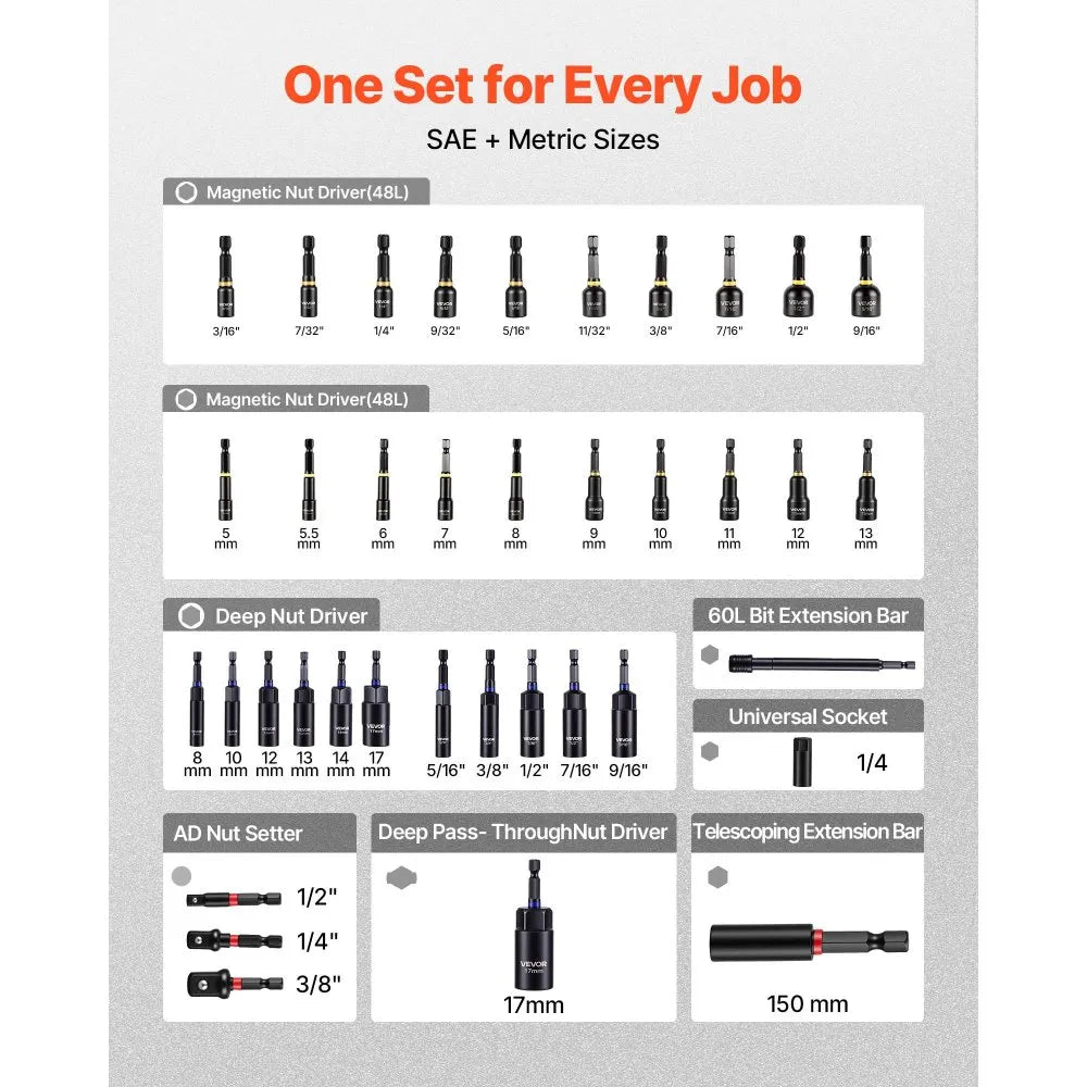 VEVOR 80-Piece Magnetic Nut Driver Set – SAE & Metric Sizes with Extension Bars, Universal Socket & Storage Case