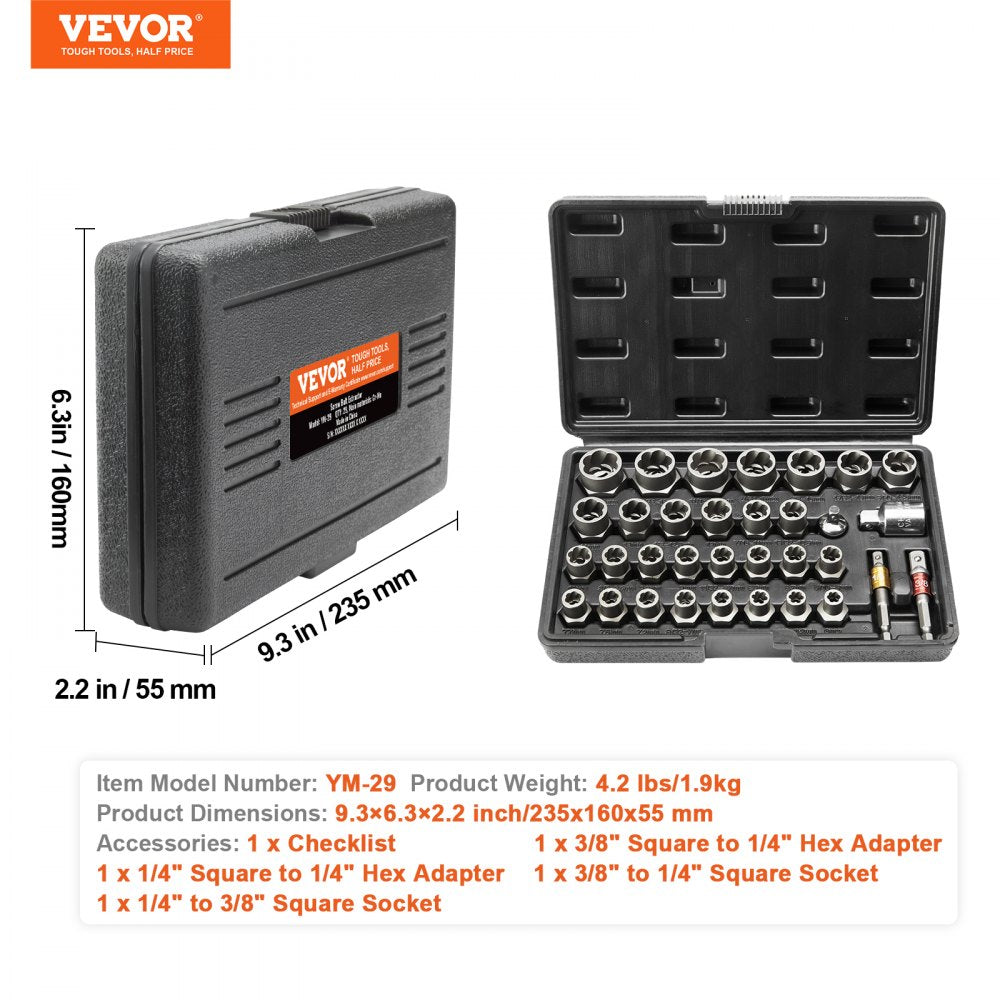 VEVOR Bolt Extractor Set, 29-Piece Bolt and Nut Remover Set, 6mm to 10mm, 13/32