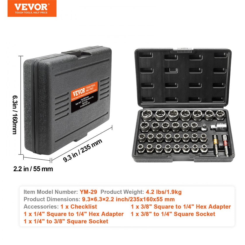 VEVOR Bolt Extractor Set, 29-Piece Bolt and Nut Remover Set, 6mm to 10mm, 13/32