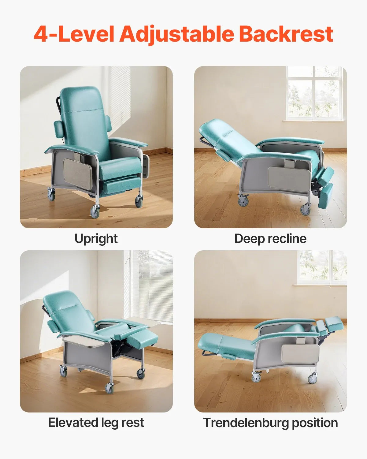 VEVOR Geri Chair Recliner 4-Position Reclining Geri Chair with Trays & 4 Wheels