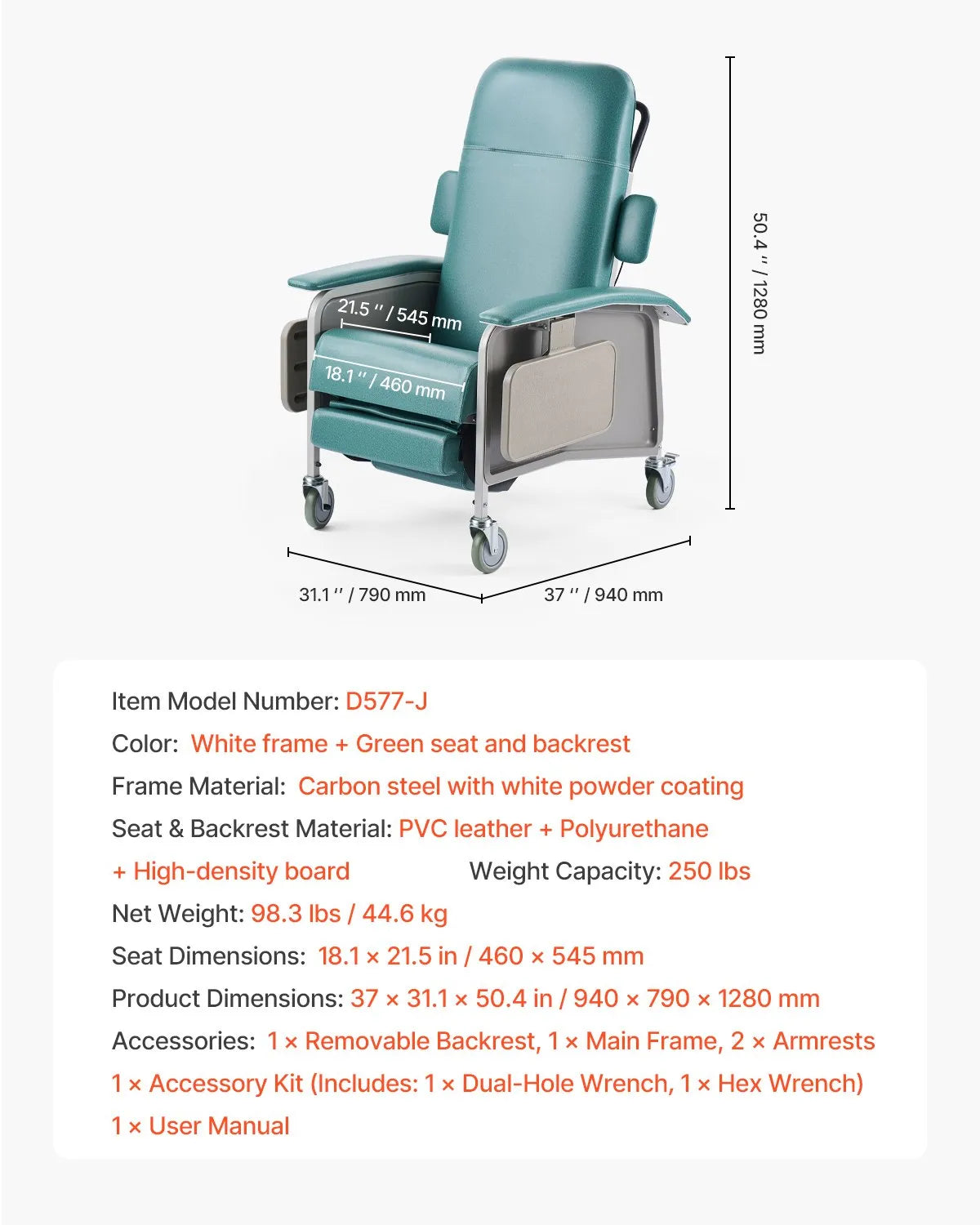 VEVOR Geri Chair Recliner 4-Position Reclining Geri Chair with Trays & 4 Wheels