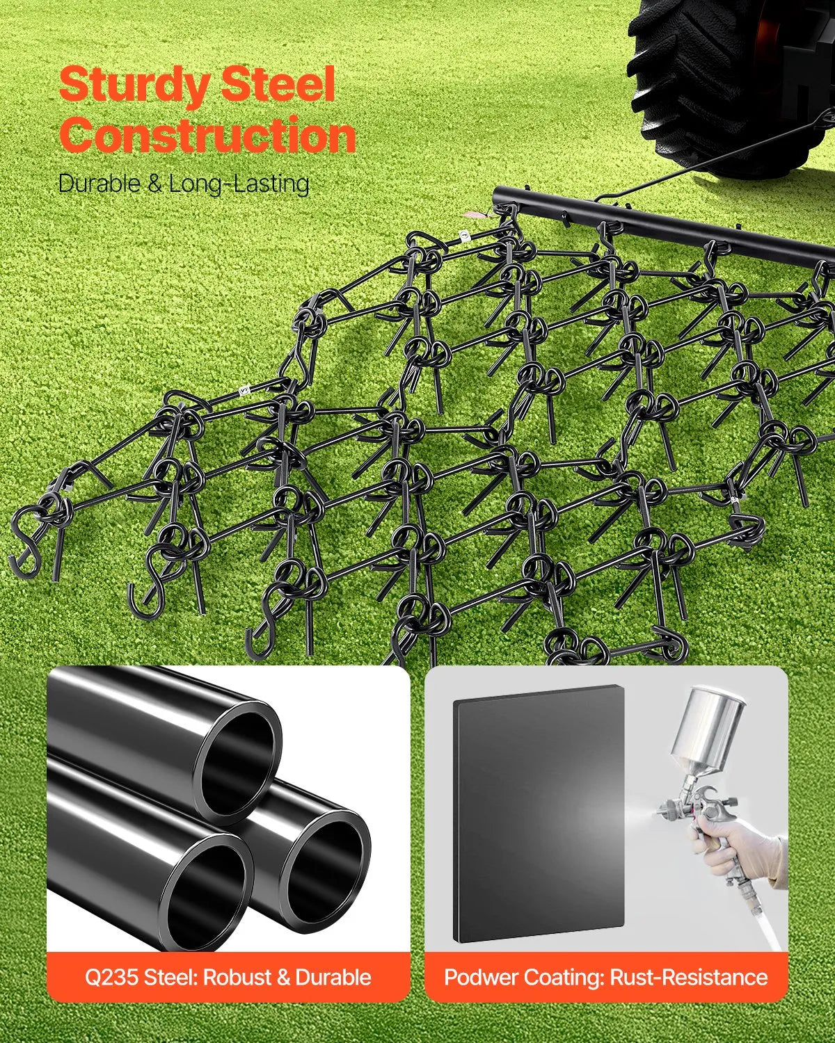 VEVOR Drag Harrow 4 x 4 ft Chain Harrow ATV Lawn Rake for Landscape Leveling