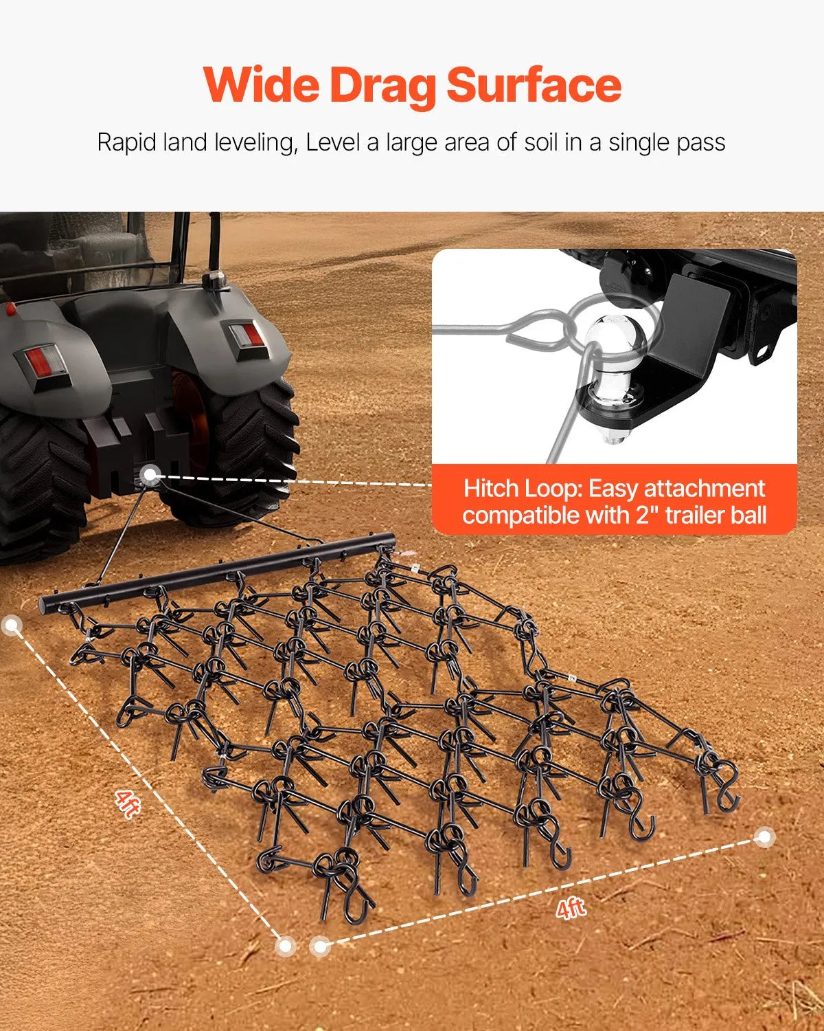 VEVOR Drag Harrow 4 x 4 ft Chain Harrow ATV Lawn Rake for Landscape Leveling
