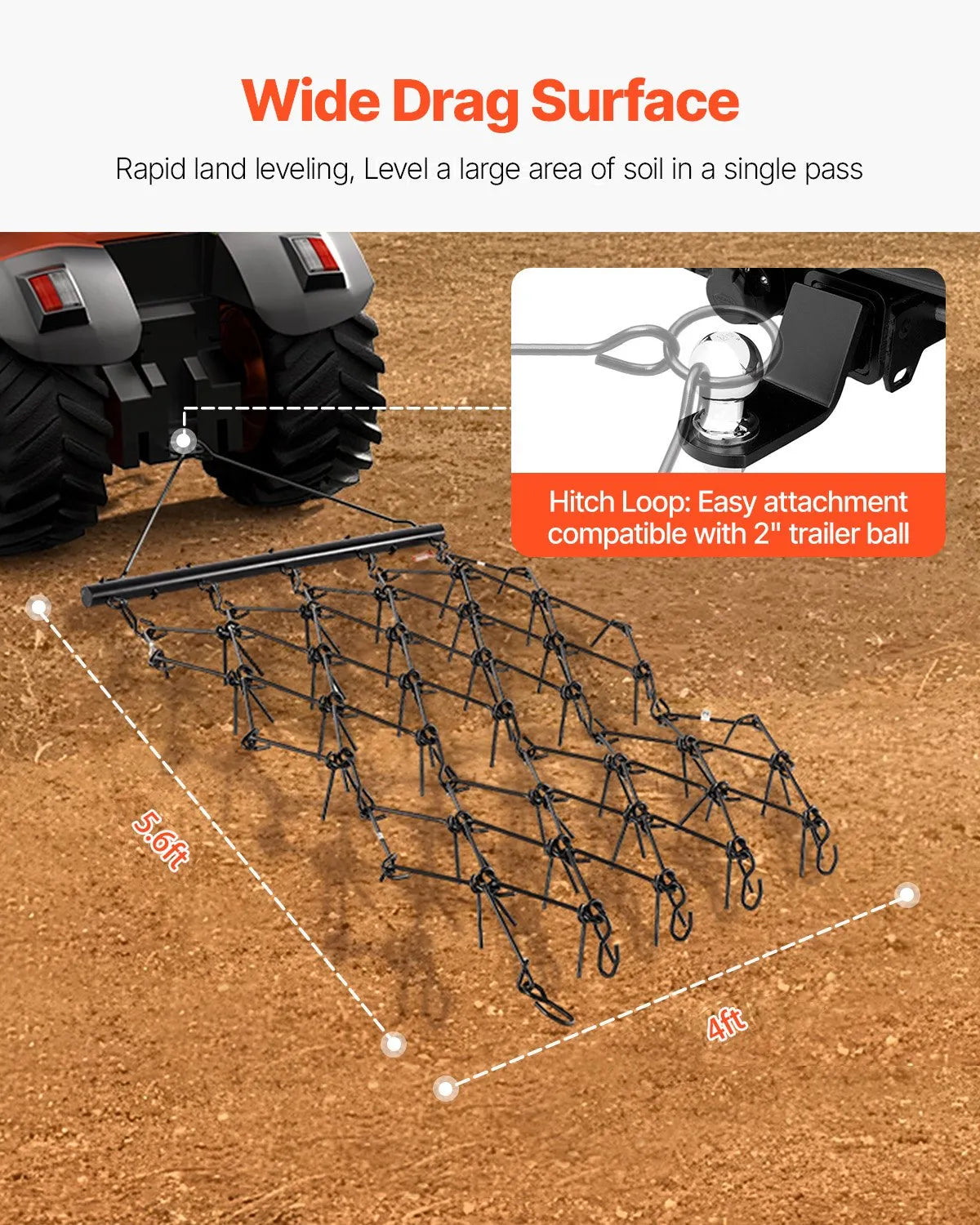 VEVOR Drag Harrow 4 x 5.6 ft Chain Harrow ATV Lawn Rake for Landscape Leveling