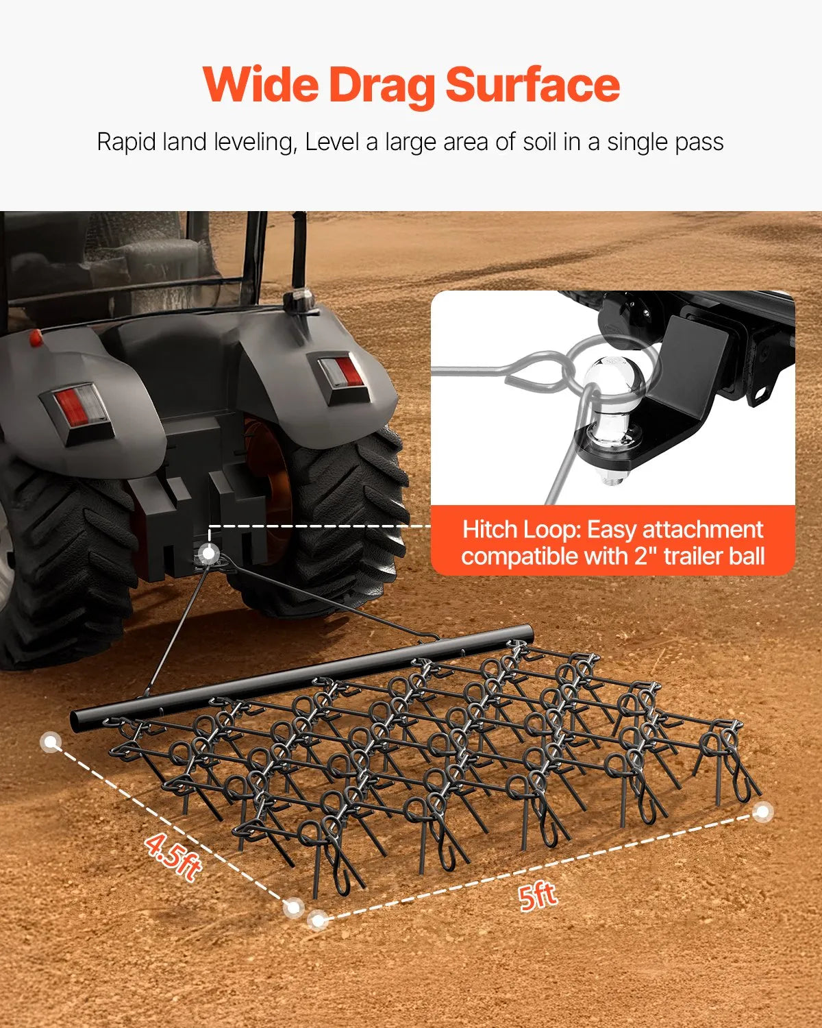 VEVOR Drag Harrow 5.8 x 4.8 ft Chain Harrow ATV Lawn Rake for Landscape Leveling