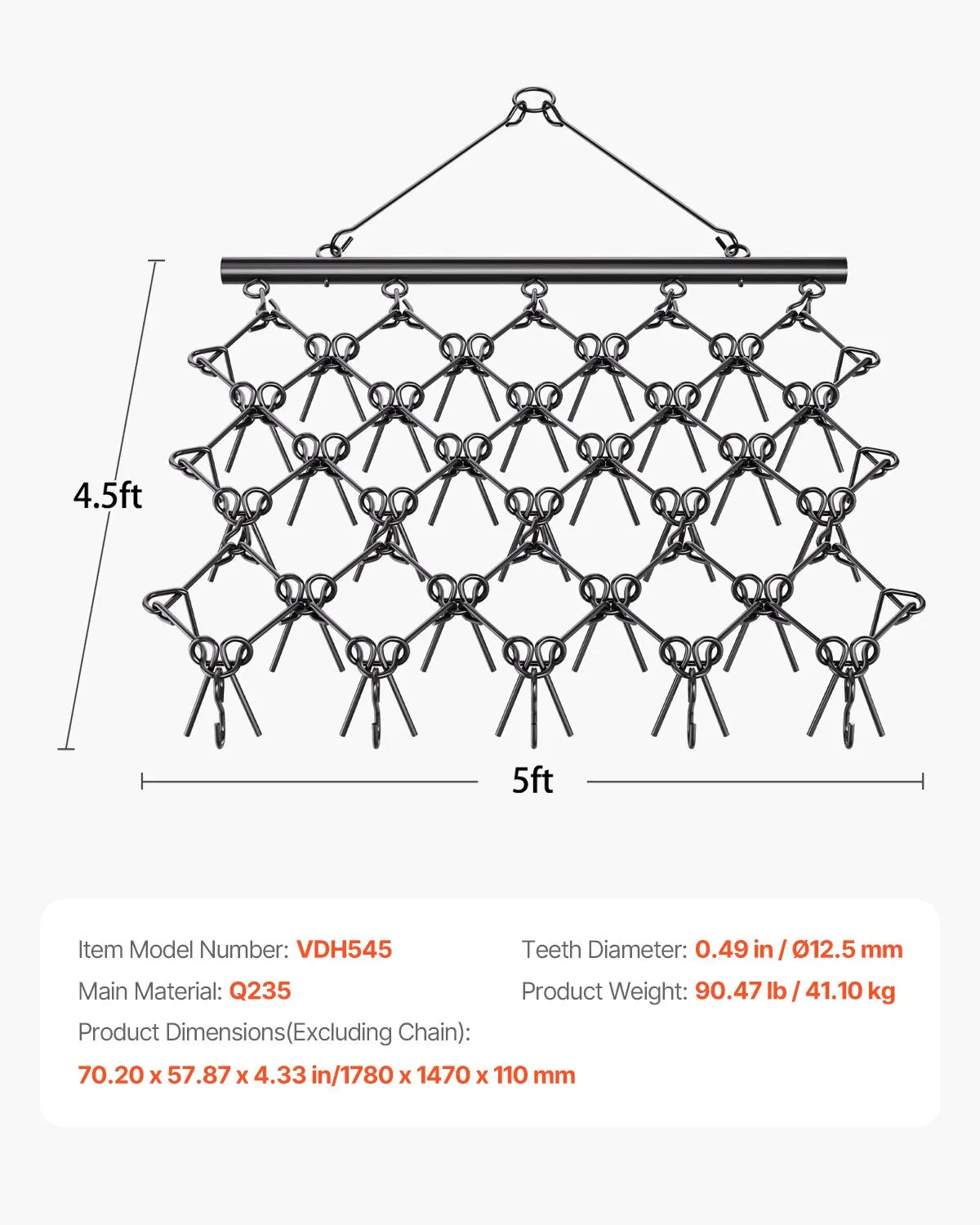 VEVOR Drag Harrow 5.8 x 4.8 ft Chain Harrow ATV Lawn Rake for Landscape Leveling