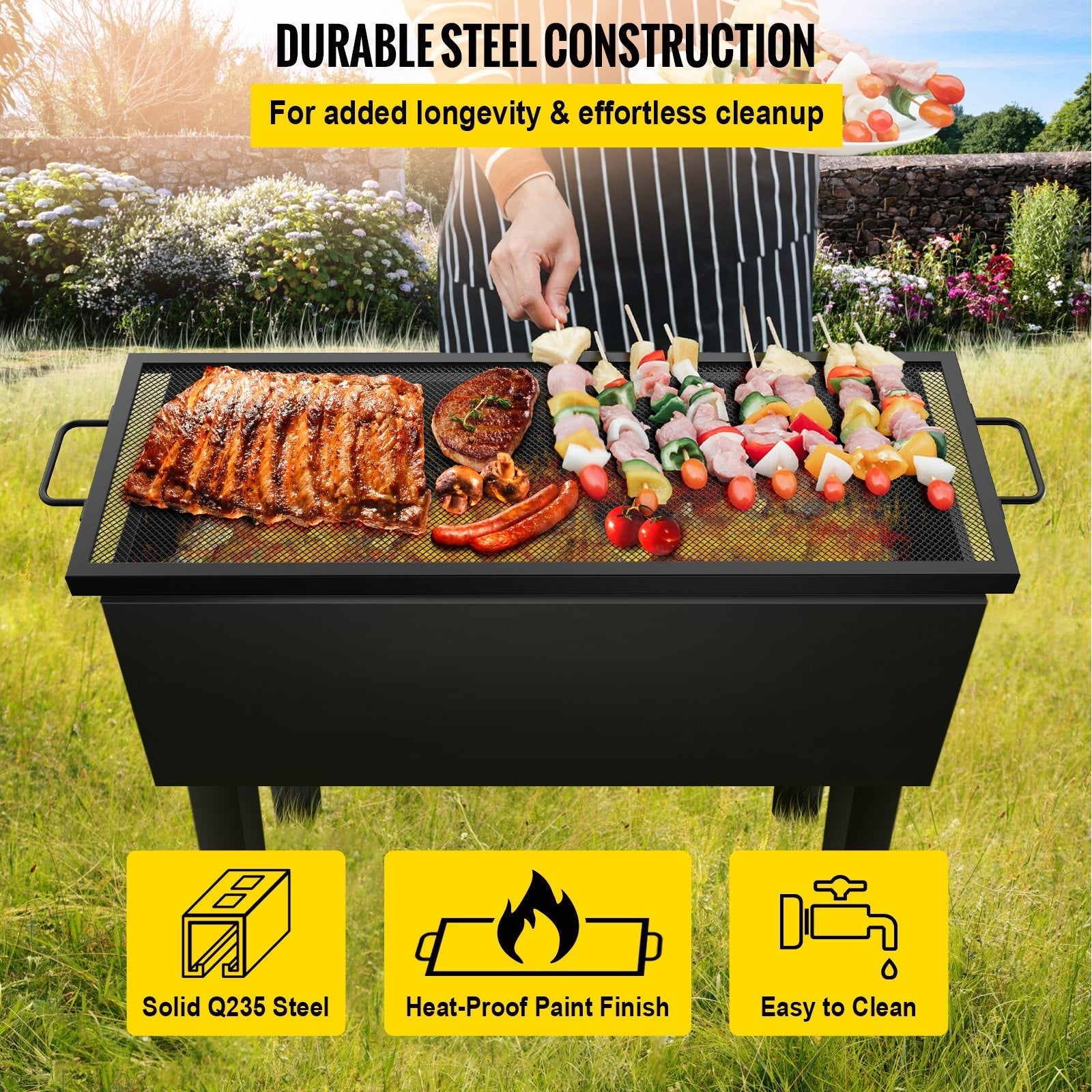 VEVOR Rectangle Fire Pit Grate, 40 x 15 inch Fire Pit Grill Grate, X-Marks Rectangle Grill Grate, Black Steel Fire Grate, Fire Pit Cooking Grate with Handles, Fire Grill Grate for Fire Pit, Campfire