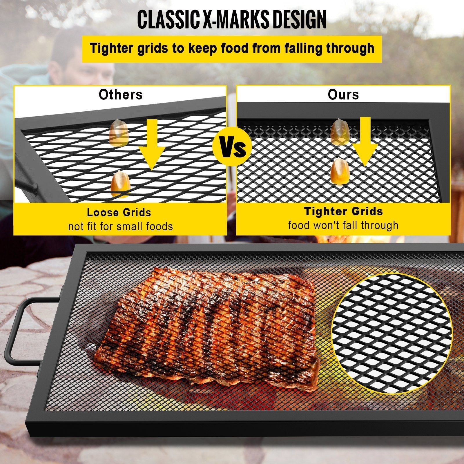 VEVOR Rectangle Fire Pit Grate, 40 x 15 inch Fire Pit Grill Grate, X-Marks Rectangle Grill Grate, Black Steel Fire Grate, Fire Pit Cooking Grate with Handles, Fire Grill Grate for Fire Pit, Campfire