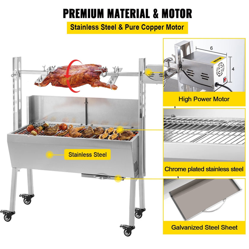 VEVOR 132 lbs/60KG 110V 132 lbs/60KG Rotisserie Grill Roaster BBQ Pig Lamb Stainless Steel, 132 lbs/60KG