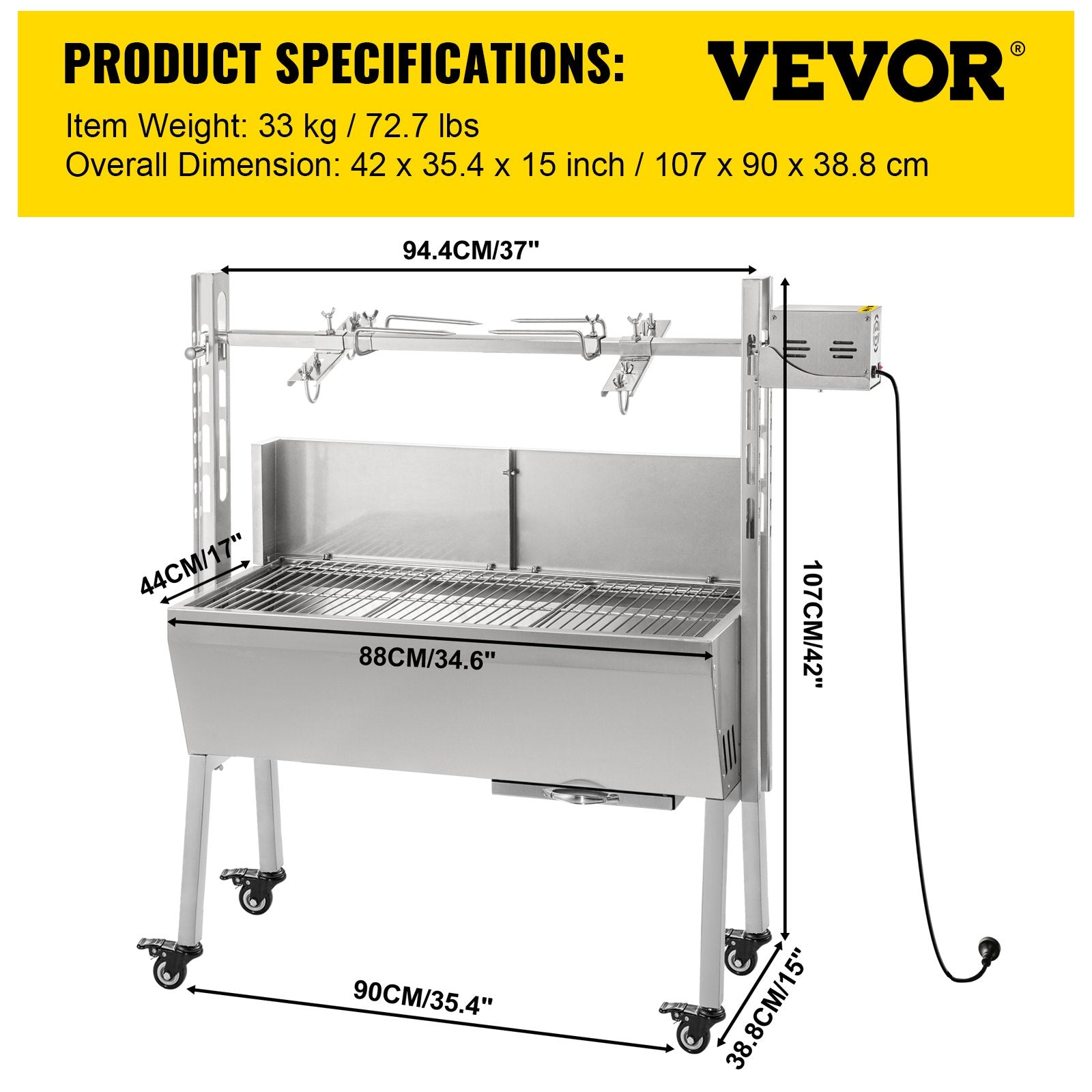 VEVOR 132 lbs/60KG 110V 132 lbs/60KG Rotisserie Grill Roaster BBQ Pig Lamb Stainless Steel, 132 lbs/60KG