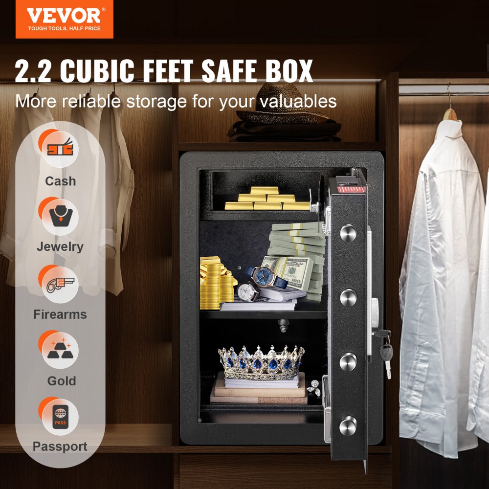 VEVOR Safe, 2.2 Cubic Feet Home Safe, Steel Security Safe with Fingerprint, Digital Keypad and 2 Keys, Cabinet Safe with Large Fire-proof Bag, Protect Cash, Gold, Jewelry, Documents, 15.8x13x23.6 inch