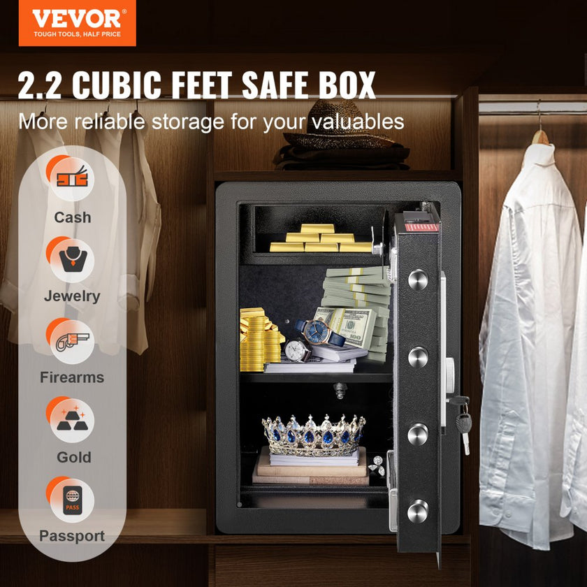 VEVOR Safe, 2.2 Cubic Feet Home Safe, Steel Security Safe with Fingerprint, Digital Keypad and 2 Keys, Cabinet Safe with Large Fire-proof Bag, Protect Cash, Gold, Jewelry, Documents, 15.8x13x23.6 inch