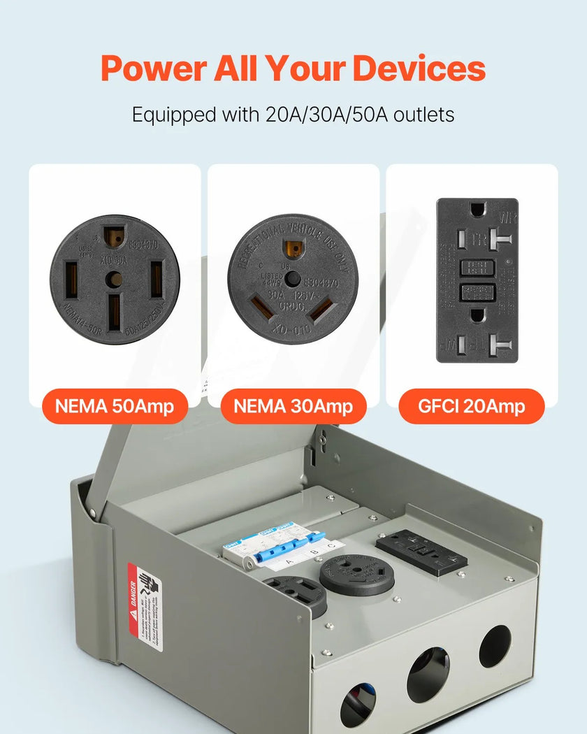 VEVOR Temporary Power Outlet Panel RV Electrical Panel 20 30 50 Amp Outlet Box